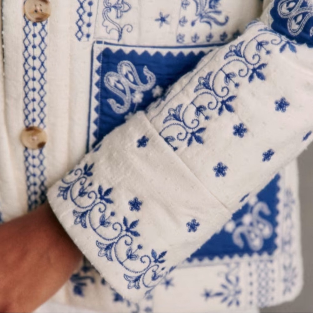 Sezane SMITH JACKET in BLUE ECRU BANDANA Embroidered Women's Jacket - Picture 7 of 13